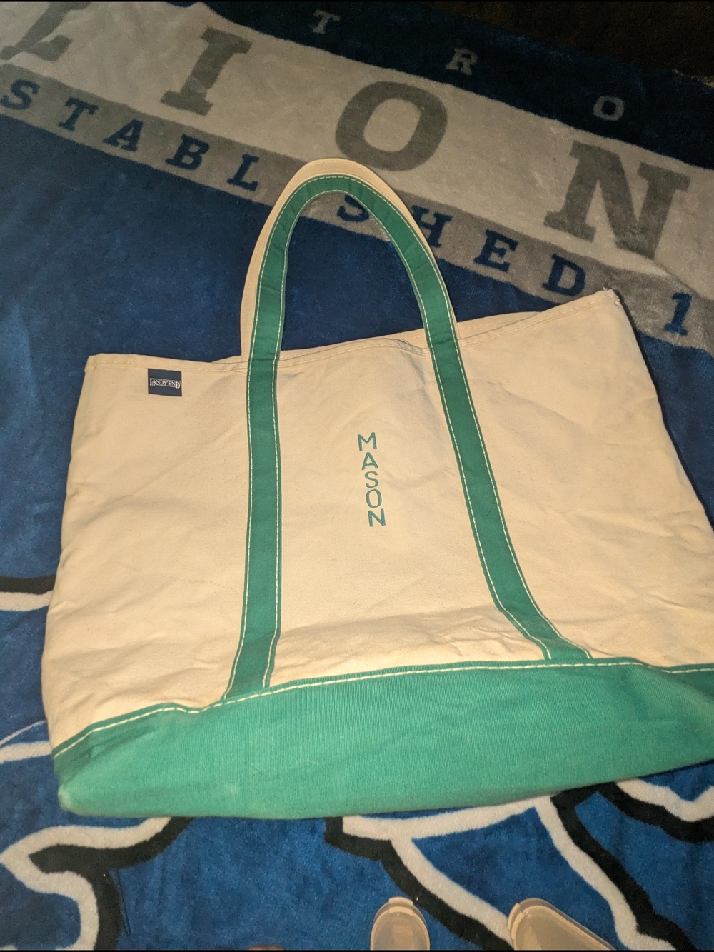 Lands' End Cream Canvas Tote with Green Trim